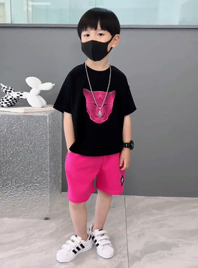 童装男童套装夏装2026新款儿童夏季韩版粉色豹子图案酷帅气时髦潮