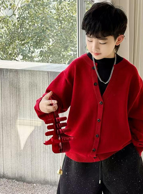 男童毛衣外套2025冬季新款儿童红色开衫秋冬装男孩本命年衣服毛衣