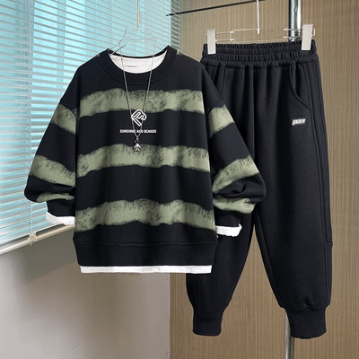 男童秋冬装套装2025新款帅气衣服中大童运动秋冬季加绒卫衣两件套