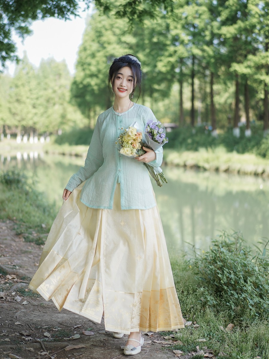라운드 넥 셔츠 칼라리스 블라우스 봄 여름 명나라 한복 얇은 동두복 플러스 사이즈 데일리 긴 소매 단색 자외선 차단
