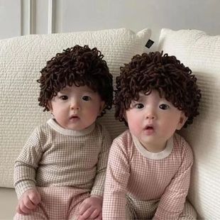 宝宝帽子秋冬季男女童可爱超萌假发小辫子纯手工钩织毛线帽爆炸头