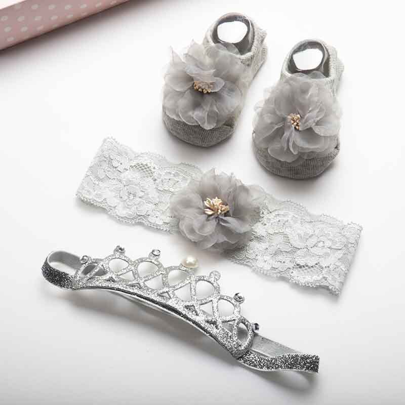 韩版新款网纱可爱公主蝴蝶结款 儿童发带袜子新生儿套装礼品盒装