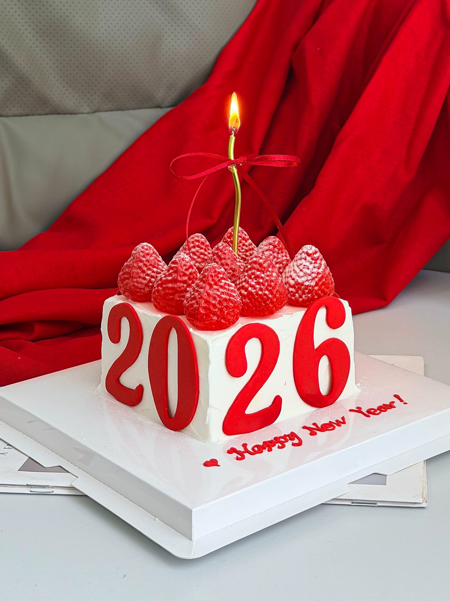 2026新年草莓方形2026翻糖数字模具马到成功切模奶油生日蛋糕