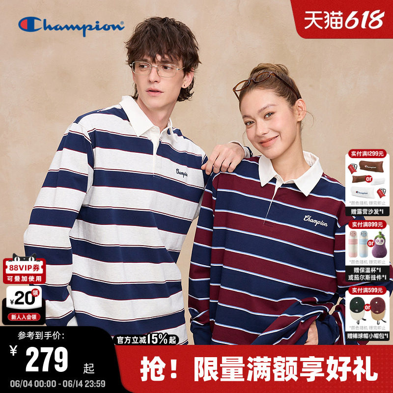 Champion冠军长袖T恤男2026春季新款复古红条纹翻领POLO衫学院女