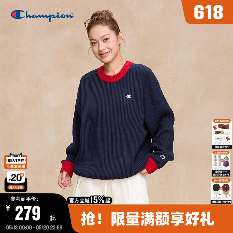 Champion冠军毛衣男2025秋季新款混色拼接圆领针织衫保暖美式风