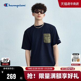 拼接口袋运动上衣女宽松休闲 新款 Champion冠军短袖 T恤男2025夏季