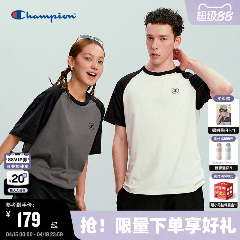 Champion冠军短袖男2026春季新款插肩袖撞色T恤宽松休闲风纯棉女