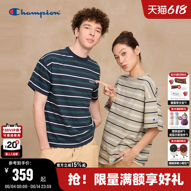 Champion冠军短袖男秋季新款纯棉宽松t恤女夏季条纹海魂衫落肩