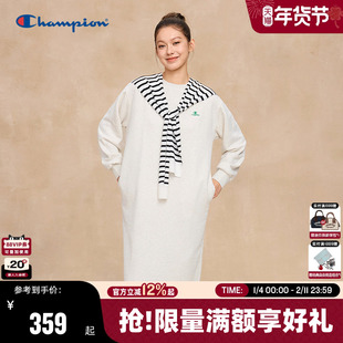 Champion冠军长袖连衣裙女2025秋季新款纯色圆领H型休闲长裙潮牌