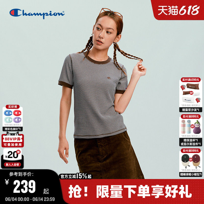 Champion冠军短袖T恤女2026夏季新款复古风条纹显瘦刺绣上衣潮牌