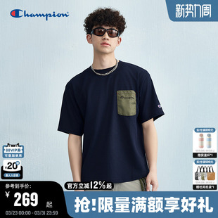 拼接口袋运动上衣女宽松休闲 新款 Champion冠军短袖 T恤男夏季