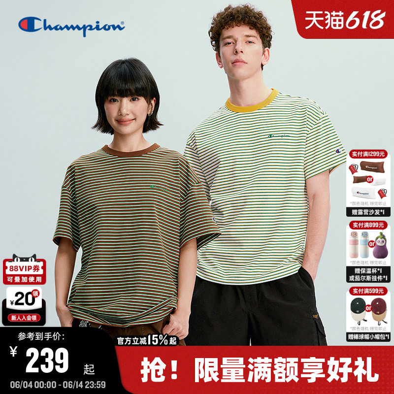 Champion冠军短袖男2026夏季新款复古条纹宽松T恤女清爽全棉休闲