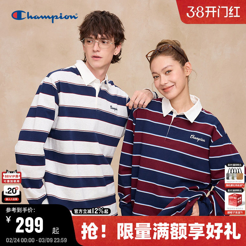 Champion冠军长袖T恤男2026春季新款复古红条纹翻领POLO衫学院女