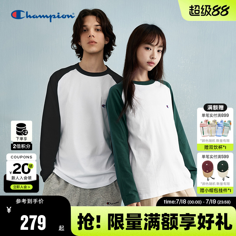 Champion冠军长袖T恤男2025秋季新款刺绣宽松插肩袖纯棉上衣女夏