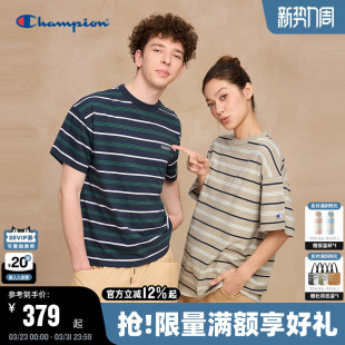 条纹海魂衫 Champion冠军短袖 纯棉宽松t恤女夏季 新款 落肩 男秋季