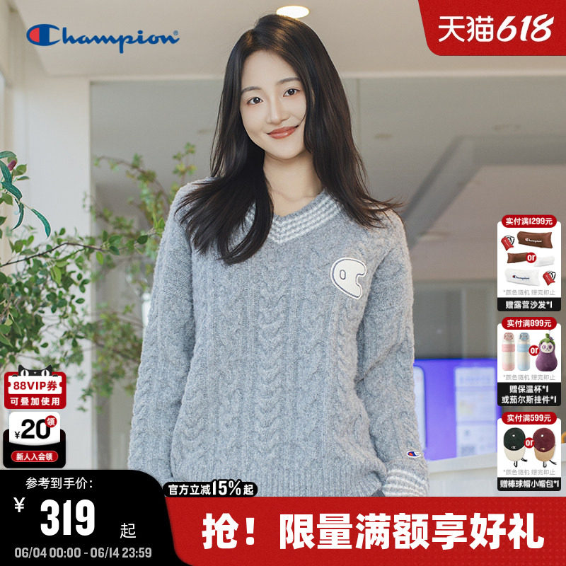 Champion冠军V领针织衫女2026春季新款毛衣学院风撞色休闲秋潮牌