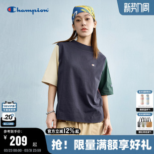 刺绣小日系风拼色T恤简约复古潮 新款 Champion冠军短袖 女夏季