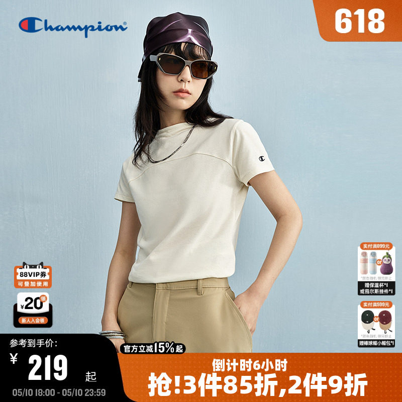 Champion冠军短袖T恤女夏季新款纯色拼接设计感上衣简约休闲