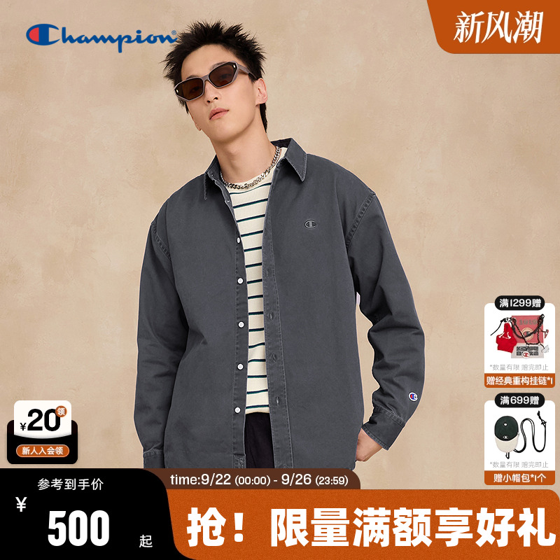 Champion冠军衬衫男2025秋季新款做旧工装风盐系翻领外套女潮休闲