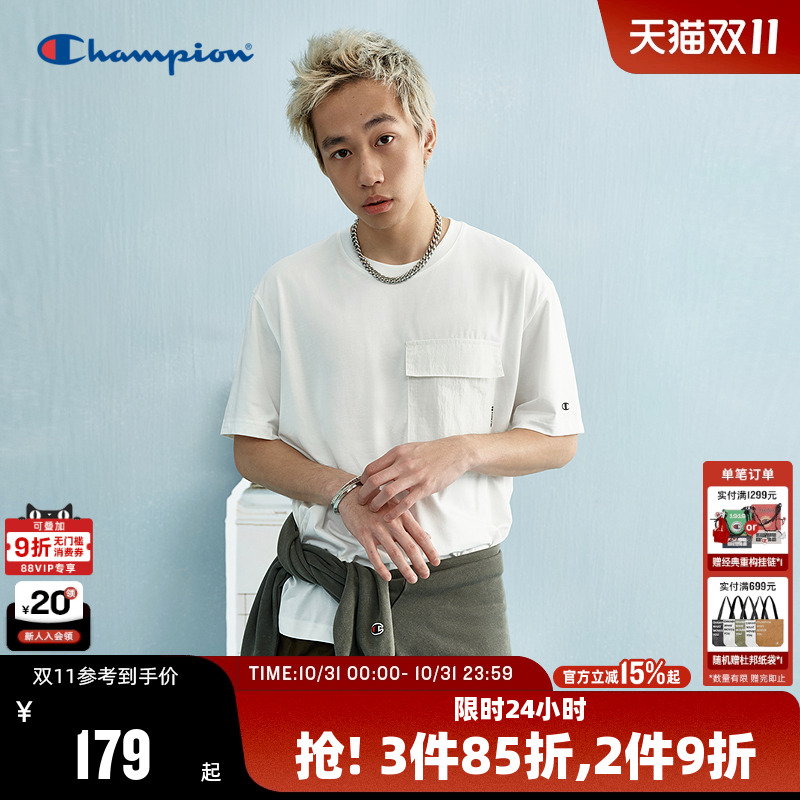 Champion冠军圆领t恤男2025夏季新款圆领刺绣工装口袋短袖上衣潮