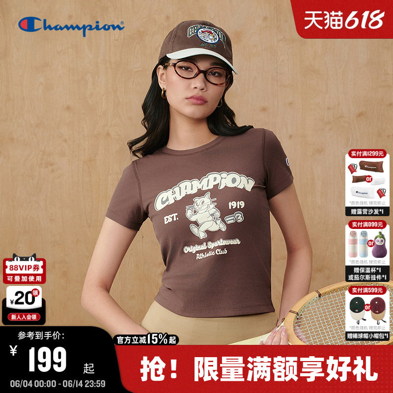 Champion冠军短袖女2026夏季新款卡通印花T恤显瘦修身印花短款潮