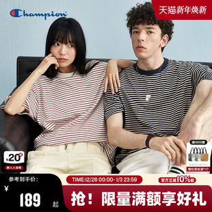 复古条纹男女纯棉圆领刺绣潮 新美式 Champion冠军短袖 T恤2025夏季