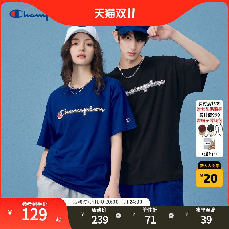 Champion冠军纯棉情侣t恤男23夏季新款字母蓝色短袖休闲上衣女潮