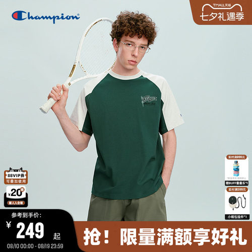 Champion圆领纯棉插肩袖短袖T恤