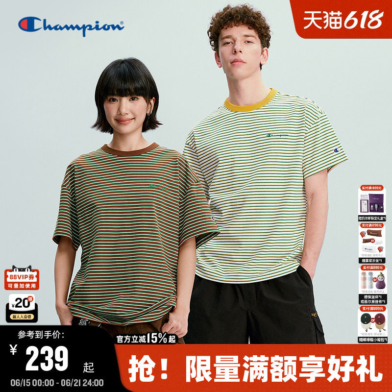 Champion冠军短袖男2026夏季新款复古条纹宽松T恤女清爽全棉休闲