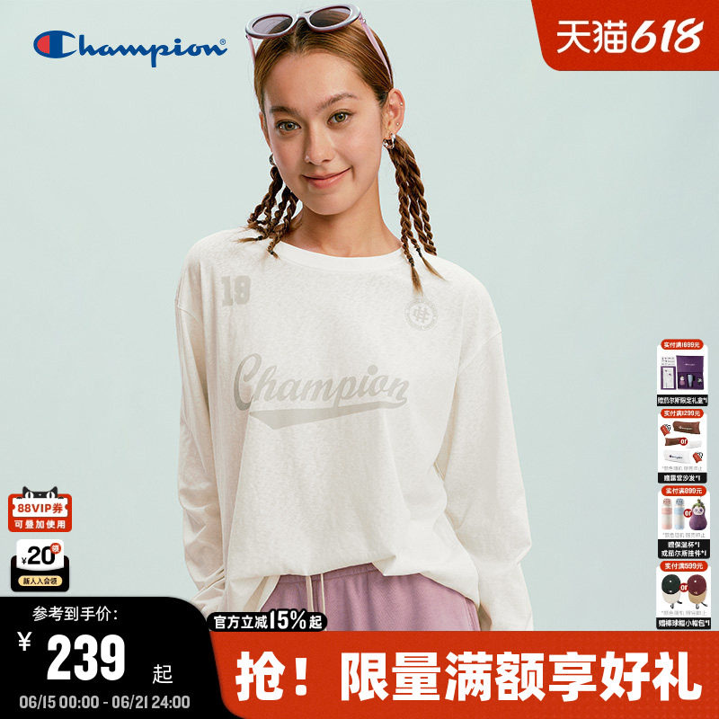 Champion冠军长袖T恤女2026春季新款圆领印花打底罩衫软复古少女