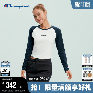 Champion冠军圆领长袖T恤女2026春季新款插肩袖修身短款休闲打底