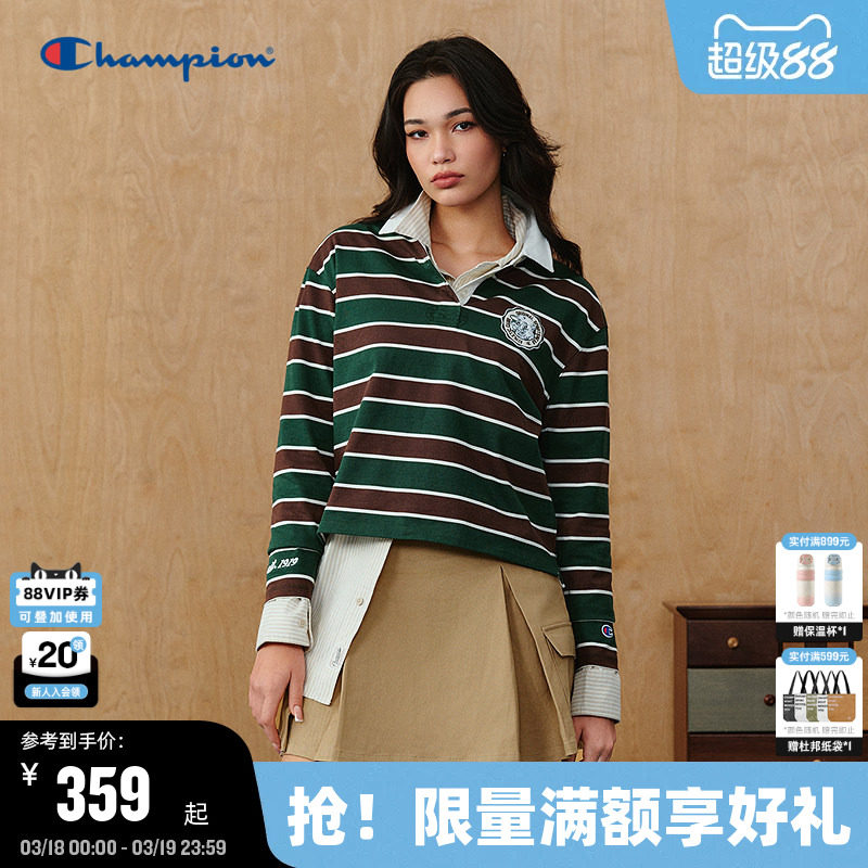 Champion冠军长袖POLO衫女2026春季新款条纹T恤新年红学院风纯棉