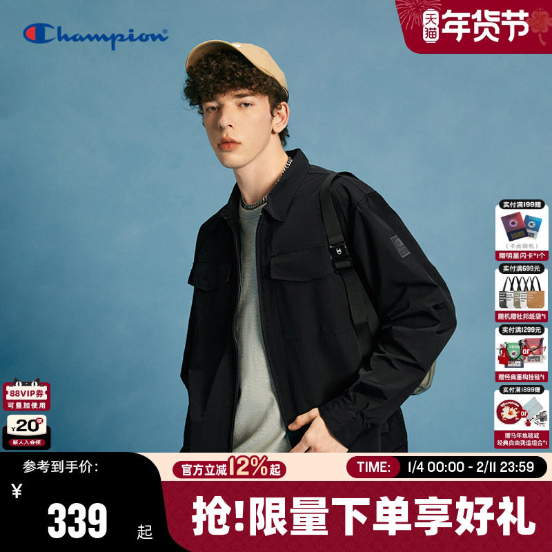Champion冠军衬衫外套男春秋款翻领大口袋宽松休闲拉链开衫工装风