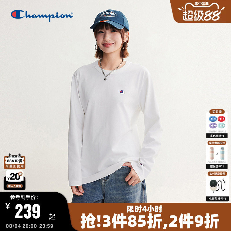 Champion冠军长袖T恤男2026秋季新款全棉基础款纯色打底衫女休闲