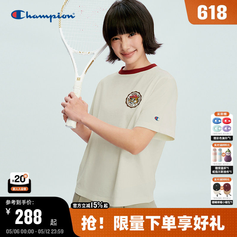 Champion冠军短袖T恤女2026夏季新款圆领卡通印花撞色短上衣纯棉