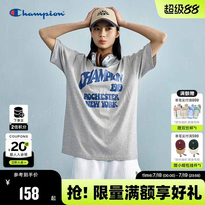 Champion冠军短袖t恤男2025夏季新款情侣纯棉圆领刺绣宽松印花女