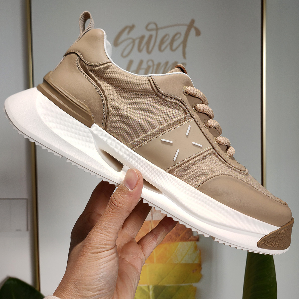 欧洲站2024春夏透气冰丝布布鞋男厚底轻便杏色时尚潮流运动休闲鞋