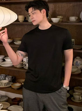 Gaorl25SS新款纯羊毛针织短袖T恤男女同款黑色芦苇绿LP老钱风