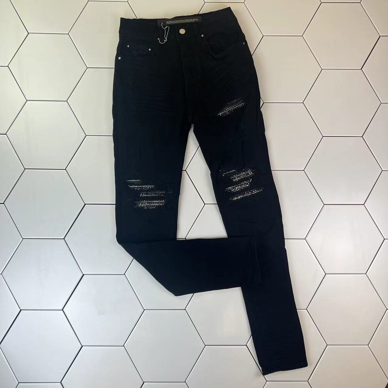 水洗做旧黑钻高街牛仔裤