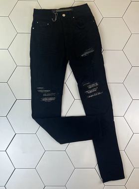 Gaorl新款MX1水洗做旧破坏破洞黑钻拼布黑色牛仔裤微弹修身AM男