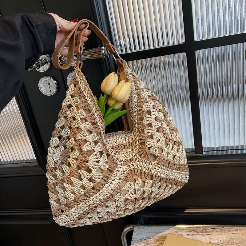 女2024草编包夏季沙滩包软钩织手提包纸绳编织包单肩包度假托特包