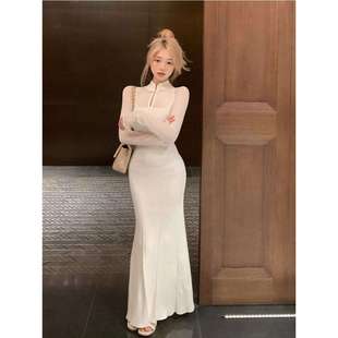 2024新款春新中式旗袍白色打底内搭针织连衣裙女秋冬鱼尾长裙