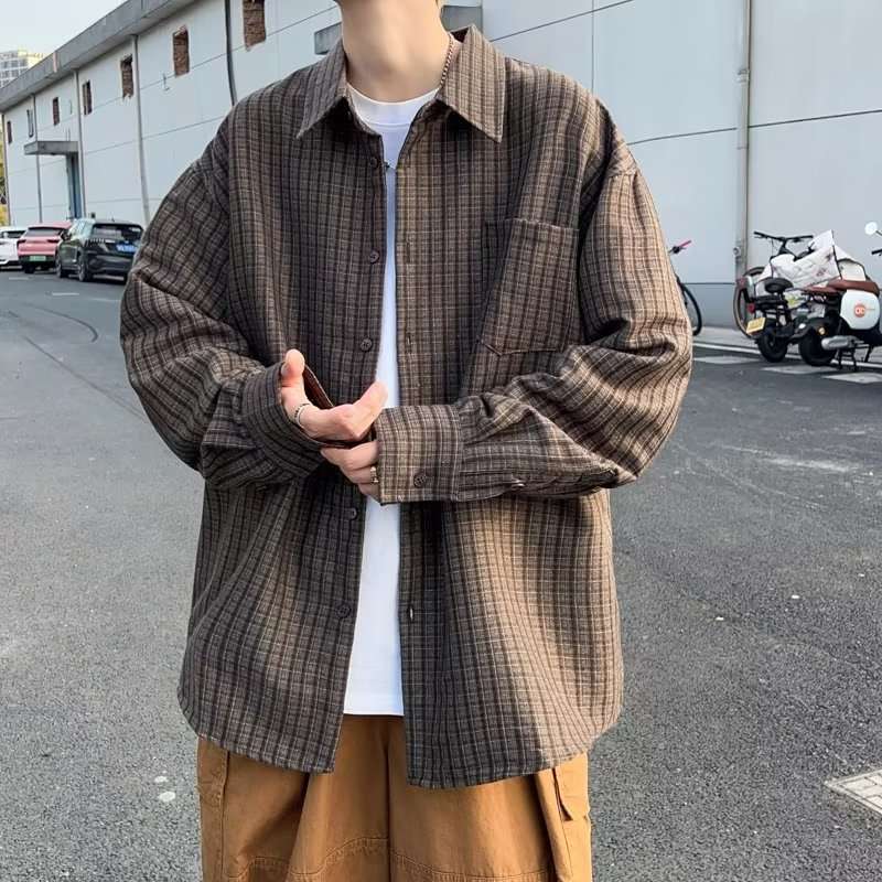 23磨毛格子衬衫外套春秋长袖韩版潮流宽松慵懒风男生复古外穿衬衣