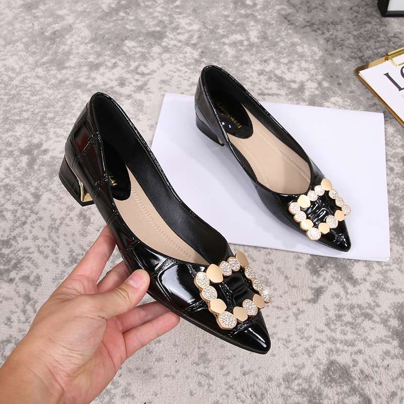 软底黑色高跟鞋小香风平底鞋女单鞋水钻浅口尖头鞋粗跟尖头工作鞋