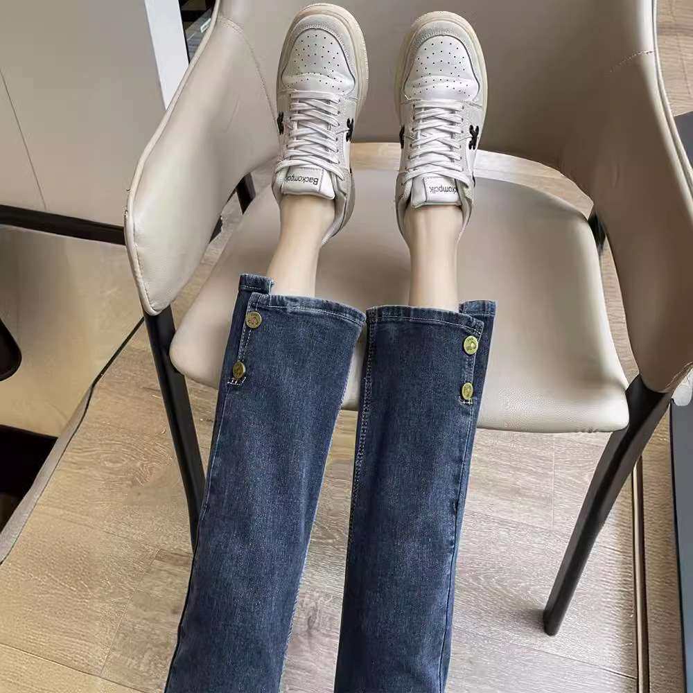 窄版直筒牛仔裤女小个子八分裤春秋款设计感纽扣开叉九分烟管裤子