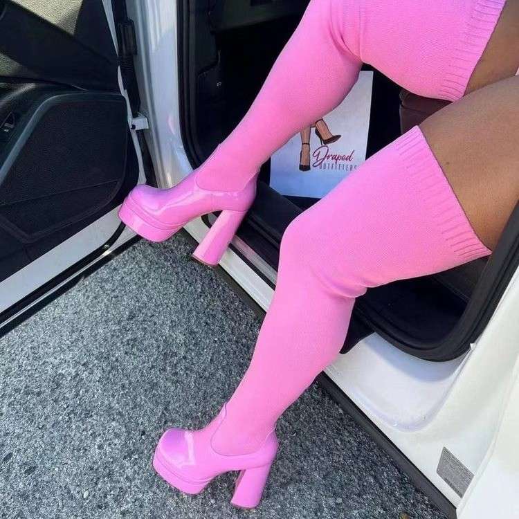 High heeled boots外贸大码厚底恨天高过膝弹力靴新款超高跟长靴