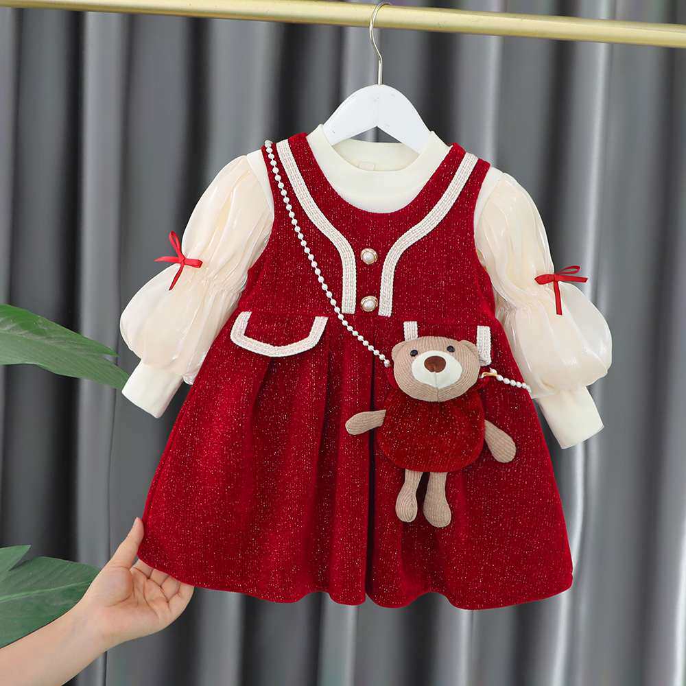 女童加厚加绒打底衫马甲背带裙两件套装儿童周岁礼服冬季