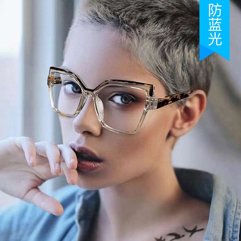 糖果色猫眼平光镜女欧美方形不规则眼镜架时尚弹簧腿防蓝光眼镜框