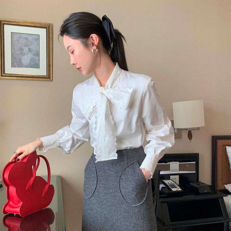 早春chic气质系蝴蝶结衬衫韩国蕾丝温柔百搭白色其他长袖公主袖