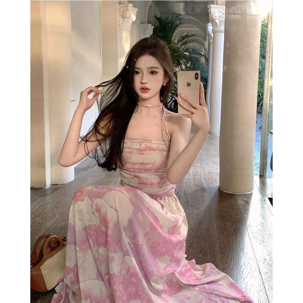 网纱弹力抹胸挂脖吊带连衣裙女夏季气质油画粉色长裙海边度假裙子